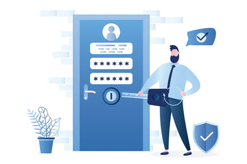 Businessman hold big key, closed door with account information and password. New account registration concept.