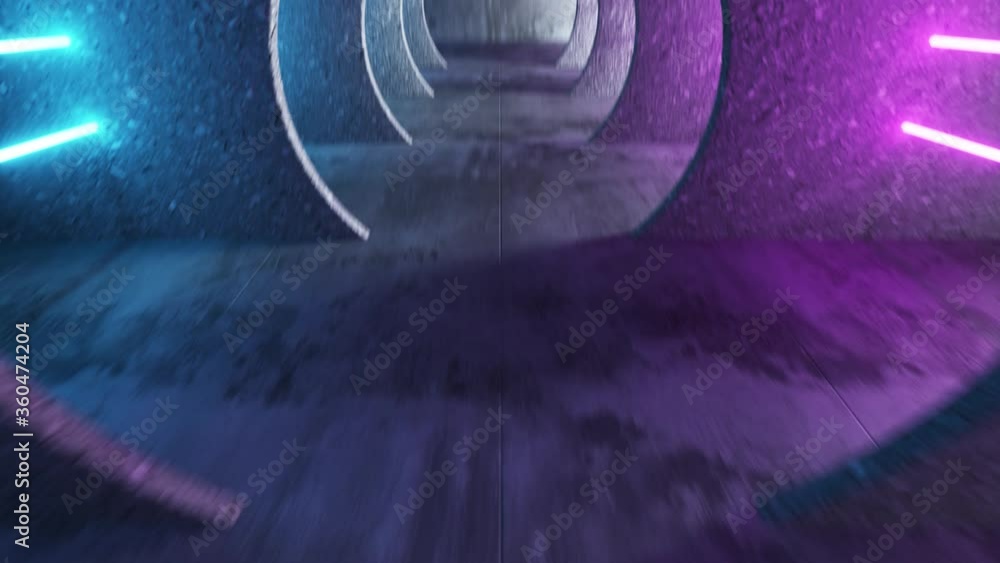 Poster endless flight in a gray concrete tunnel with bright luminous neon stripes. modern ultraviolet light