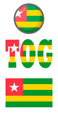 Republic Togo flag icons on a white background. Vector image: flag of the Republic Togo, the button and the abbreviation. You can use it to create a website, print brochures, booklets, travel guides.