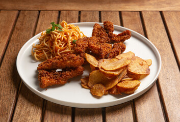 Golden Plate. Tenders, spagetti and potato chips. Not healthy but delicious.