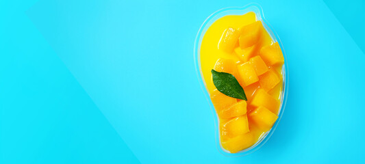 Mango cheesecake top view on blue background with copy space flat lay style
