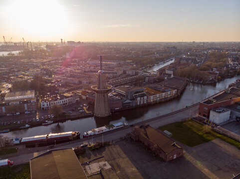 Aerial Shot of Schiedam town near the Rotterdam. Small Harbour City in North Holland