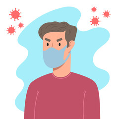 Illustration of a man with medical breathing mask in flat style. Anti coronavirus pandemic. Design element for poster, card, banner, flyer.