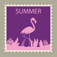 Postage stamp summer vacation Flamingo. Retro vintage design