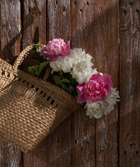 Obraz na płótnie Canvas Flowers of pink red and white peonies in wicker basket on wooden table against wooden background
