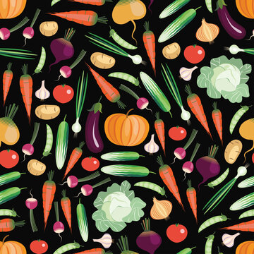 vegetables make a seamless pattern on a black background