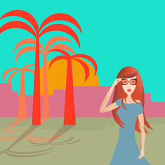 
holiday landscape, beach and palm tree, a woman walks, colorful