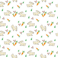 Rabbit, carrot and stroberry seamless vector pattern