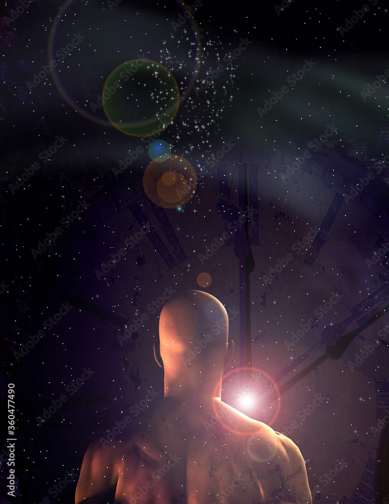Poster before the face of time. man and clock-face. modern surreal art. 3d rendering