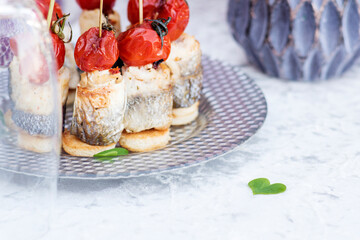 Catering service. Catering food. Table with food at event. Beautifully decorated catering banquet table with different food snacks and appetizers with sandwich.