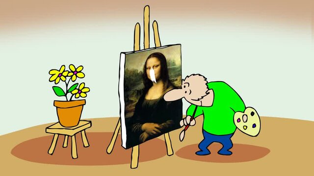 WEIRD PAINTER,Mona Lisa appears on the canvas,while he´s trying to paint a flowerpot.2D animated cartoon.HD 1080.