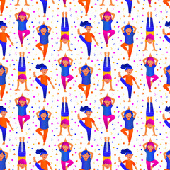 Fototapeta na wymiar Yoga Colorful cartoon characters seamless pattern. Yoga workout set. Kids doing yoga exercises. Can be used for poster, banner, flyer, card, website, fabric, wrapping paper, wallpaper. Vector illustra