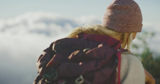 Woman hiking, attractive happy young woman hiking, adventure outdoor lifestyle