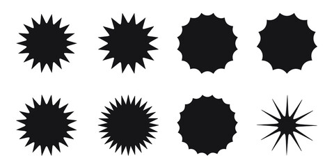 Set of vector starburst, sunburst badges. Black icons on white background. Simple flat style vintage labels, stickers. EPS 10