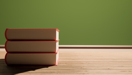 stacked books on school desk near blackboard. concept of back to school. 3d render.