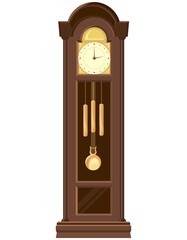 Grandfather clock in cartoon style. Vintage object isolated on white background.