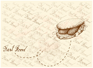 Illustration Hand Drawn Sketch of Delicious Homemade Freshly Baguette Sandwich with Sausage, Tomatoes, Lettuce, Onion and Cheese on Brown Background.
