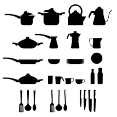 Icons set Kitchenware and utensils. Set of black silhouette vector cooking icons, isolated on white background, on theme Kitchenware. Cooking and serving of dishes. Flat modern vector illustration