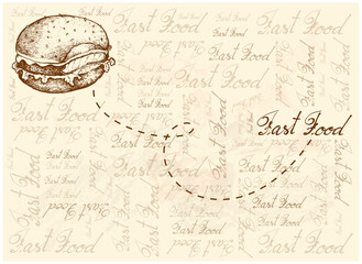 Illustration Hand Drawn Sketch of Delicious Burger with Lettuce and Cheese on Wheat Buns on Brown Background.
