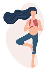 Young beautiful pregnant woman doing yoga. Stock vector illustration.