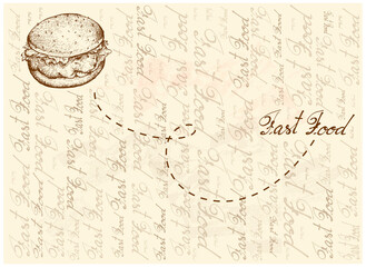 Illustration Hand Drawn Sketch of Delicious Fried Chicken Burger with Lettuce, Tomato, Onions and Cheese on Wheat Buns on Brown Background.
