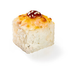 Japanese cuisine. Seafood, vegetables and meat. Sushi roll isolated on a white background. Ready for use. Taste of fresh food