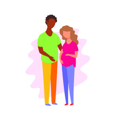 The family is a white-skinned pregnant woman and a black man, African American. Interracial Relations. Vector stock illustration.