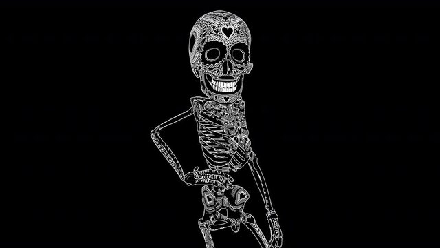 Seamless animation of a skeleton posing in printed drawn style cartoon isolated with alpha channel. Funny halloween background with marker stroke effect.