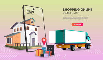 Truck delivery service for food and package online shopping delivery service. 3d vector illustration.