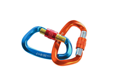 Close up Blue and orange carabiner selective focus isolated on white background