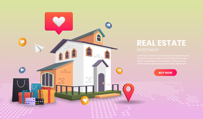 real estate landing page concept, online order tracking, delivery home and office.3d vector illustration.