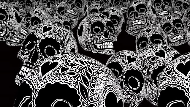 Seamless animation of a tattooed skull in printed drawn style cartoon. Cool Halloween background with marker stroke effect in black and white.