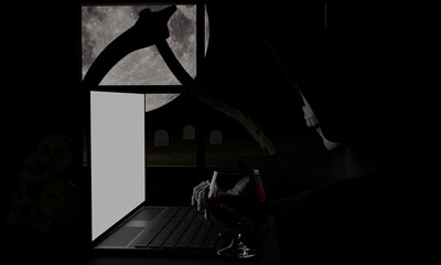 The demon skull or Satan. Black hooded hood. Use the Labtop or Computer Notebook. Blank white screen. Wine glass in the bone hand. 3D Rendering