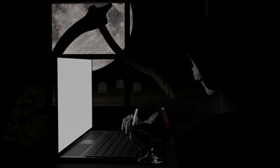 The demon skull or Satan. Black hooded hood. Use the Labtop or Computer Notebook. Blank white...