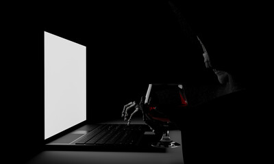 The demon skull or Satan. Black hooded hood. Use the Labtop or Computer Notebook. Blank white screen. Wine glass in the bone hand. 3D Rendering
