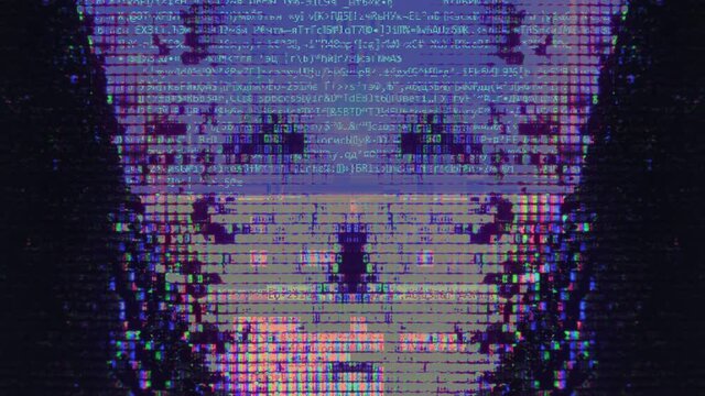 Digital glitch art. Artificial intelligence. Purple blue real pixel noise abstract head with data stream.
