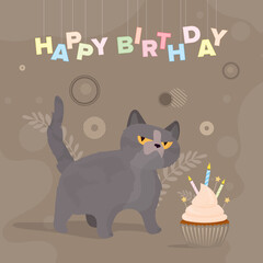Funny cat holds a festive cupcake. Sweets with cream, muffin, festive dessert, confectionery. Good for happy birthday cards. Vector flat style.