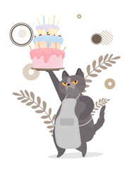Funny cat holds a festive cupcake. Sweets with cream, muffin, festive dessert, confectionery. Good for cards, t-shirts and stickers. Flat style. Vector.
