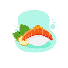 Japanese food, Salmon sashimi. With fresh salmon eggs, rice, salmon and lime. With a white background.