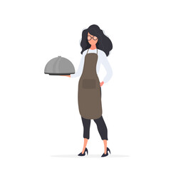 Female cook holds a metal tray with a round lid in his hand. Girl in the kitchen apron. Waitress. Isolated. Vector.
