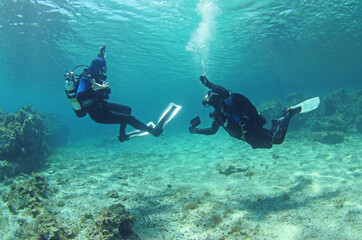 Diving instructor and student in underwater exercise. Instructor teaches student to dive....