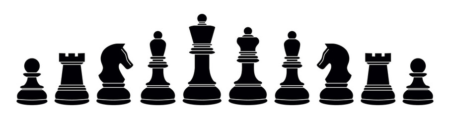 Silhouettes of chess pieces. Chessboard. Black and white. Chess icons. Vector chess isolated on white background. Playing chess on the Board. King, Queen, rook, knight, Bishop, pawn