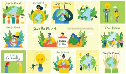 Set of eco save environment pictures. People taking care of planet collage. Zero waste, think green, save the planet, our home hand written text in flat design