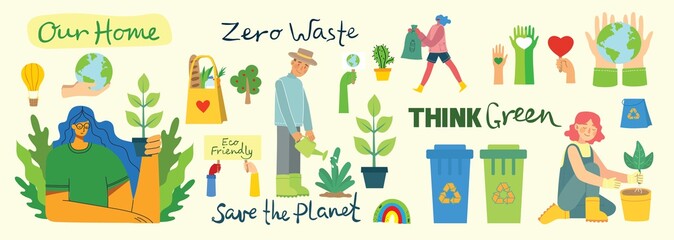 Set of eco save environment collage. People taking care of planet collage. Zero waste, think green, save the planet, our home hand written text in flat design