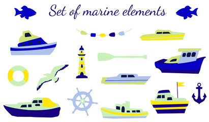 Set of marine elements in blue-yellow colors on a white background