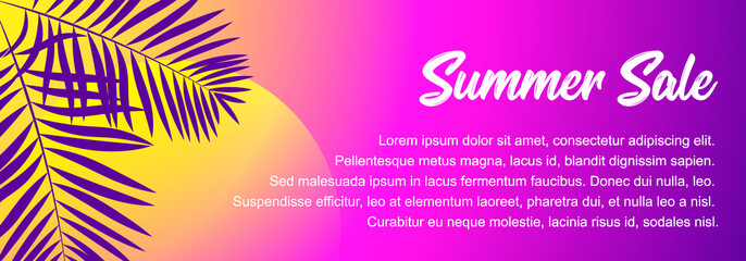 Summer sale horizontal banner with palm tree leaves. Colorful vector illustration. Summer design