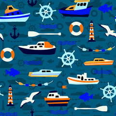 Marine seamless pattern with boats, seagulls, lighthouse and fish