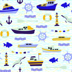 Seamless marine pattern with boats, seagulls, lighthouse and fish