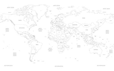 Map of World. Detailed thin black outline political map with country, sea and ocean names. Vector map