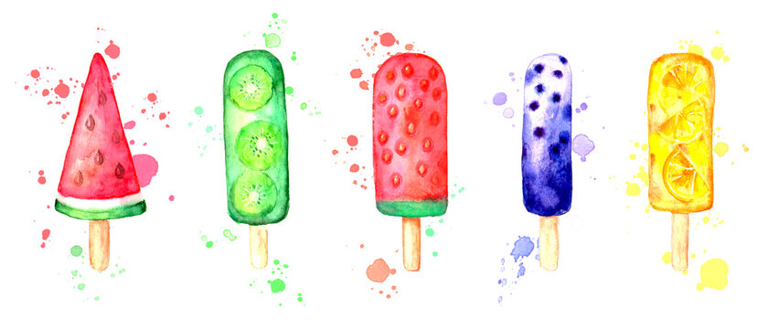 Watercolor fruit ice cream set with splashes isolated on white background.